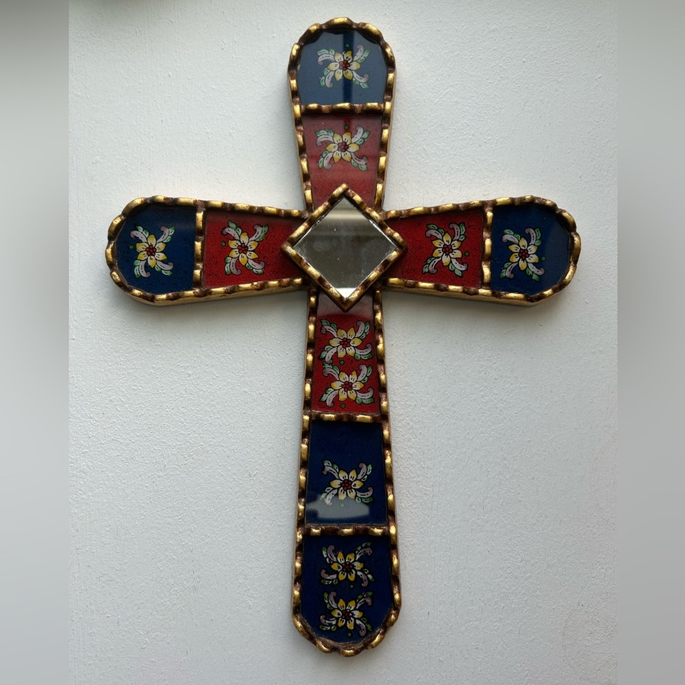 Vintage Peruvian reverse painted gold cross with flowers Mohegan wood w/ mirror